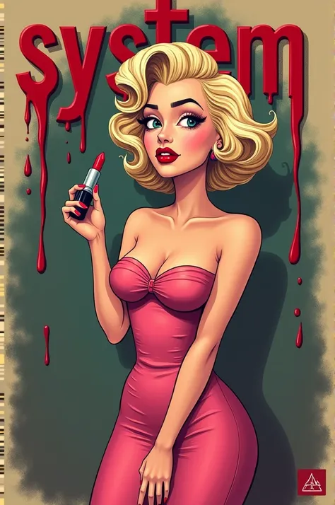 Merlin Monroe in the cartoon style of the mafia board game, in a pink dress with lipstick in his hand and on a dark beige background is written in blood system