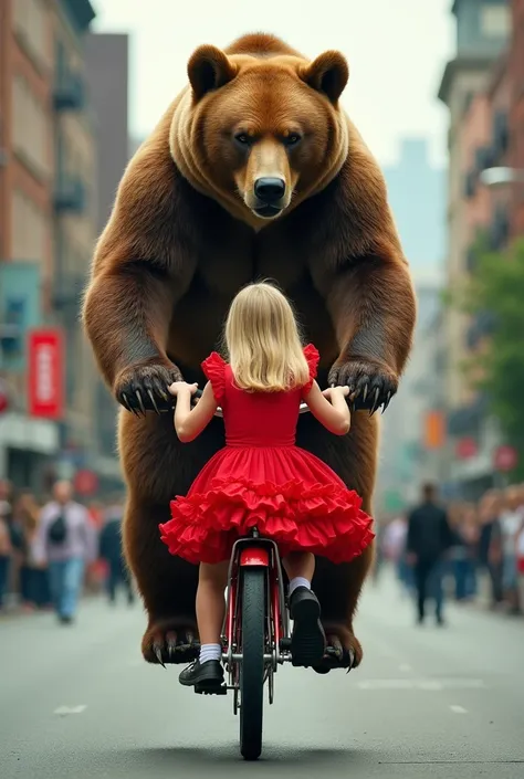 Newspaper photo(realistic big bear pedaling bicycle, beautiful innocent blonde girl(in red frilly dress) sitting backwards on back of bicycle, feeling adolescent, at urban side, color photo)