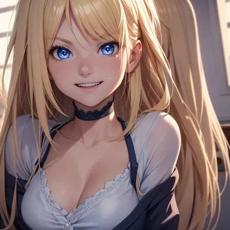 a beautiful blonde-haired blue-eyed college girl, terrifying expression with wide smile and small pupils, in a classroom setting, detailed facial features, hyper realistic, cinematic lighting, 8k, photorealistic