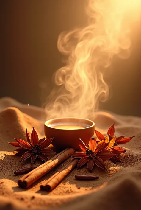 cinnamon essential oil, spices, vanilla and cinnamon in the air tonka bean with sand, in a spice environment, with meta vanilla flowers and also vanilla and spices.