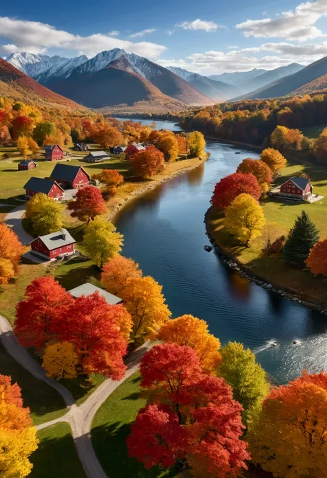 Create an ultra-high-resolution, 16:9, photorealistic image of a stunning autumn landscape. In the distance, vibrant red maple forests cover the mountains, glowing brilliantly under the golden autumn sunlight. A gentle river flows through the scene, with m...