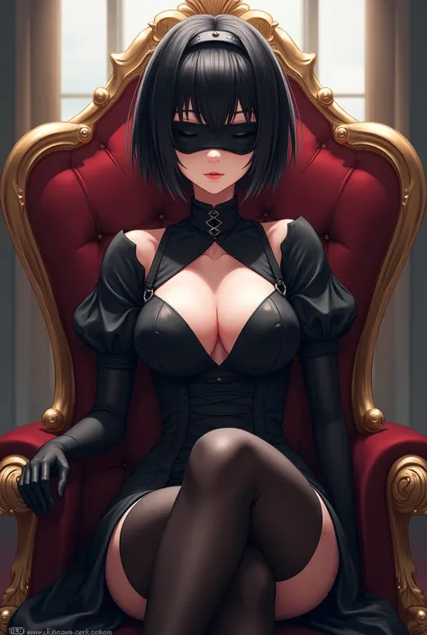 2b, long_sleeves, gloves, dress, cleavage,black_gloves, puffy_sleeves, black_thighhighs, mole, black_dress, clothing_cutout, cleavage_cutout, black_hairband, juliet_sleeves, mole_under_mouth, blindfold, vambraces, covered_eyes, black_blindfold,anime,short_...