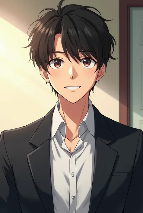 Anime Young Boy,26year old,teacher,without sunglass, handsome, look at in fonts,,wear a black blazer