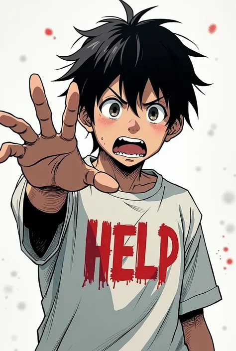 A person reaching out to the screen with a shirt saying help in manga format