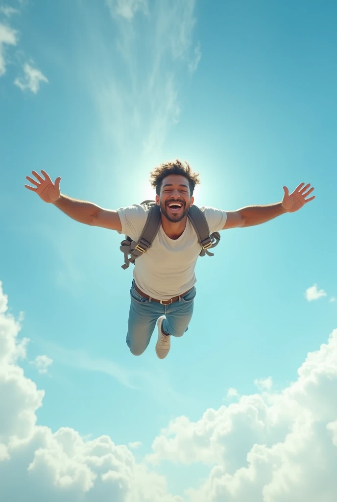 A man flying in sky and he is very happy