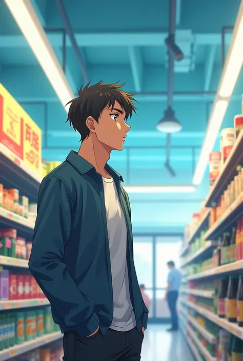 The man standing in super market game see in front side in anime 