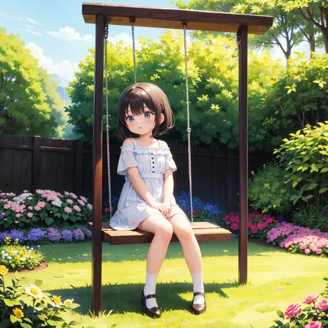 garden、Sitting on the swing and playing、Blushing a little、The girl&#39;s underwear is soaking wet、Thin fabric underwear、Sweat is dripping to the ground、Body fluid is running down her thighs、A young girl with a baby face、Off the shoulder、Checked Skirt、Lace ...