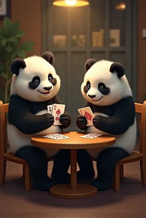 two pandas playing cards