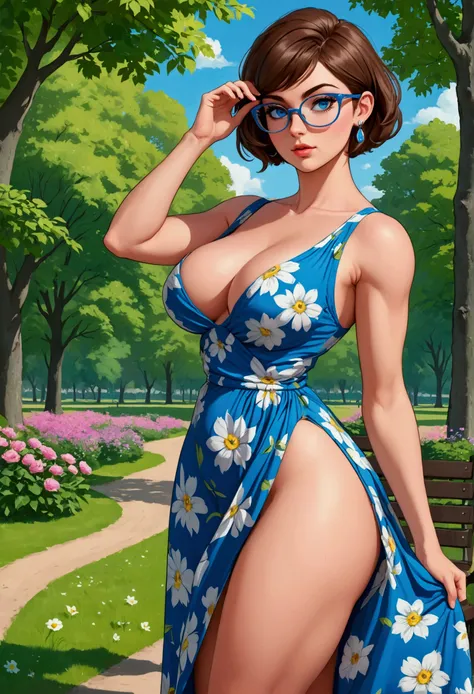 20 years old woman, Short brown hair, Méditerranéenne aux blue eye, Generous and heavy breasts, slender waist, estomac defini, fesses rebondies et pulpeuses, naturally curved, muscular thighs, aguicheuse, in a park, in a long floral dress , lunettes, earri...