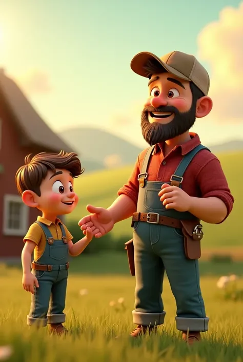 In cinamatic 3d cartoon "Farmer: (smiling) "Absolutely, son. Money can buy things, but not happiness. Happiness lies in our deeds, in love, and in helping others."