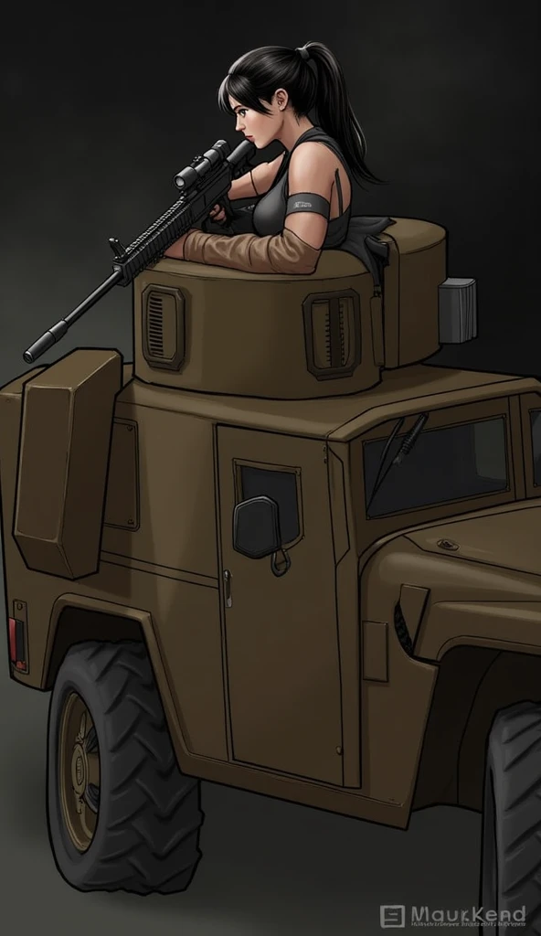 Black haired woman in turret on top of a hmmwv