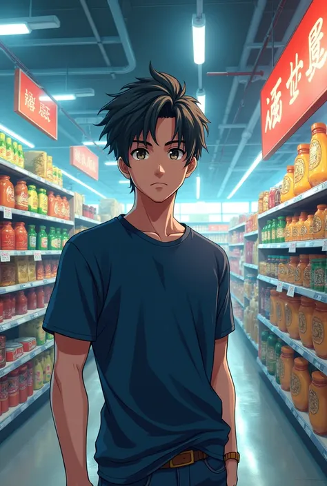 The man standing in super market game see in front side in anime for you tube thumbnail 