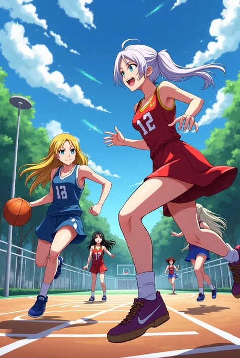 Wendy Marvel playing basketball with Erza and Lucy against Levy, Mirajane and Lisana.