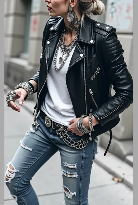 russian old milf woman, blonde hair (top bun), with very light blue eyes, extremely pale. Wearing studded cropped black moto jacket (with lots of side zippers and pins), black and white lace push up bra , dark skinny blue jeans and pointy silver Chelsea bo...