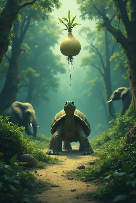 When the tortoise arrived at the secret place, he began to sing the chant: "Gwon Gwon Gwon Gwon," and the path to the yam opened up The elephant watching from a dIstance hid behind the bush. Make the chant GWON GWON GWON GWON be above the tortoise head whi...