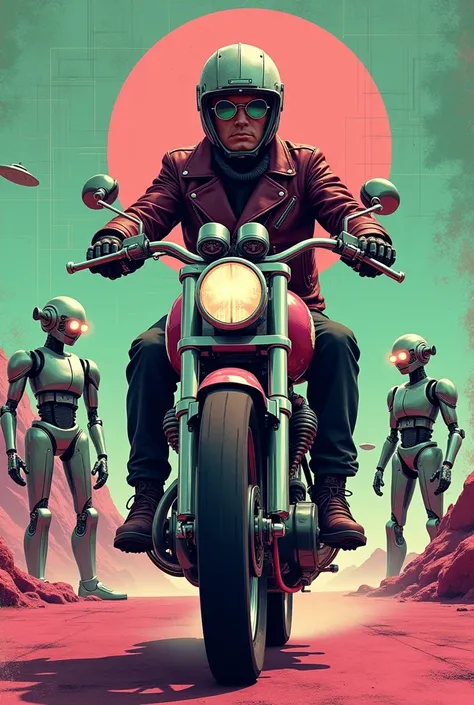 "A retro 1940s shopper motorcycle t-shirt design with rider riding in a futuristic landscape with robots watching the action. The design uses neon colors like pink and green, with a grid background and a worn texture."