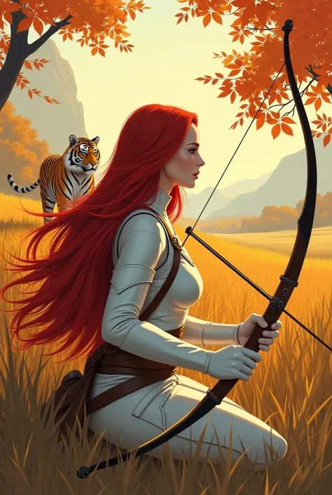 Female ranger beautiful long red hair longbow white leather armour sitting in high grass with tiger autumn colours art deco style