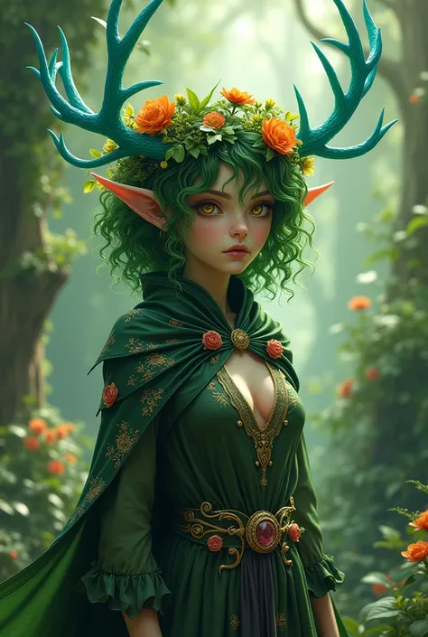 Jungle like environment. A young Plant woman with a deep green skin tone. She short has leaf green curly hair & is wearing a revealing mythic flowing Black-Purple-Green cloak with Golden Floral designs & an otherworldly flower wreath on he head. She has Se...