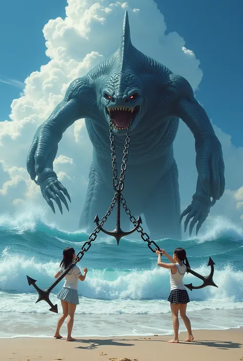 beach, 1Leviathan, 1girl, humanoid Leviathan, ((human-sized)), holding a chain in both hands, swinging a chain with an anchor over his head, BLAKE, delinquent girl, Japanese sailor suit, ((bicycle chain in her hands)), girl swinging a chain over her head, ...