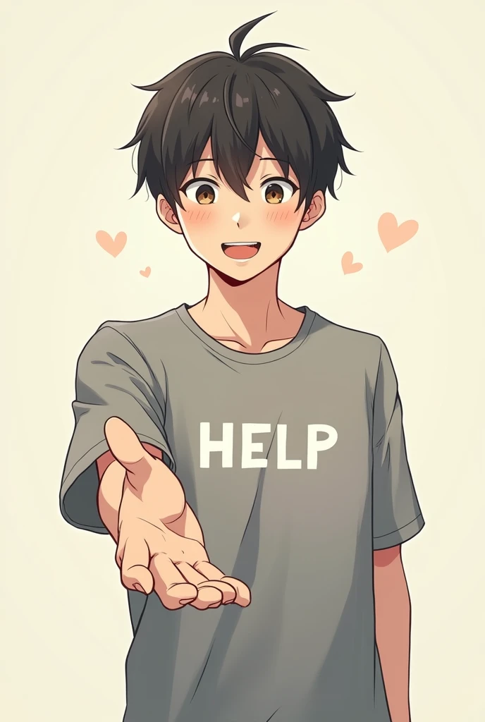 A person extending his hand as if to help the screen with a soft smile on his face and captivating with a gray shirt with the word help written on it, in manga format