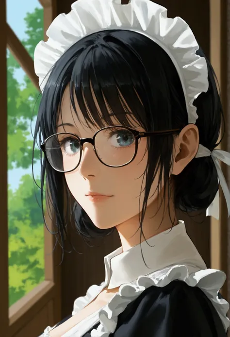 masterpiece, Highest quality, One person, Maid headdress, Black Hair, Glasses, cool, Cowboy Shot