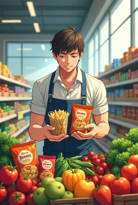 The man standing in super market game see in front side in hand some fruits and vegetables and chips and other things in anime for you tube thumbnail 