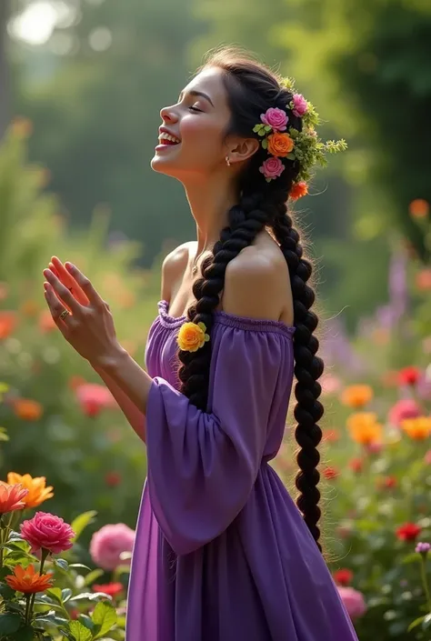 Woman,skin fair,sparkling green eyes,dark purple braided hair,flowers in the braid,light purple dress,action singing in the garden,cinema image,品質,full body images 