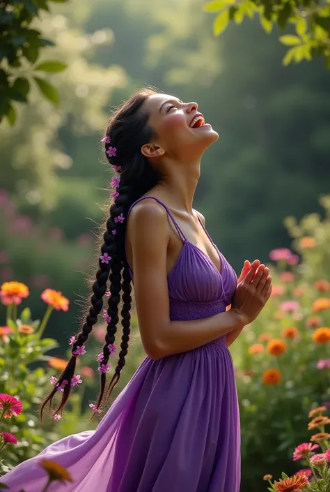 Woman,skin fair,sparkling green eyes,dark purple braided hair,flowers in the braid,light purple dress,action singing in the garden,cinema image,品質,full body images 