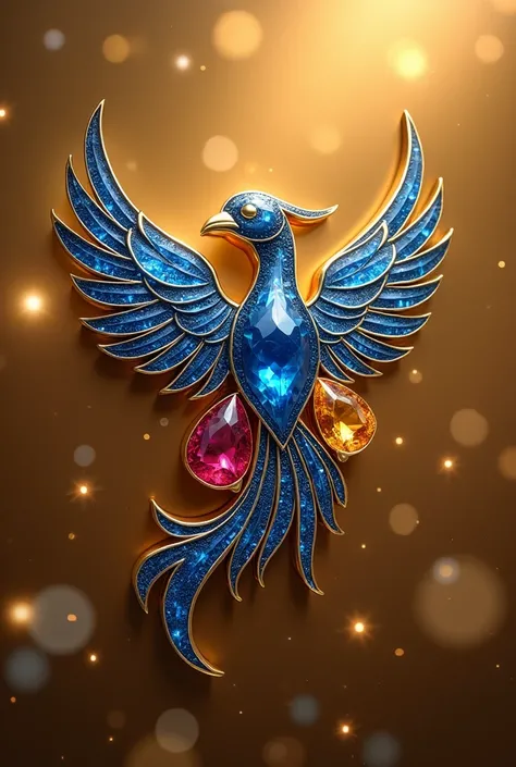 A logo with 3 precious stones that are red, blue and yellow and that has a very detailed image with the three stones in the shape of a blue bird. , gold and a ruby 