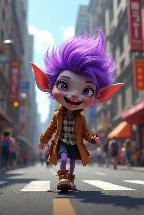 The little purple-haired monster walks grandly on the street
