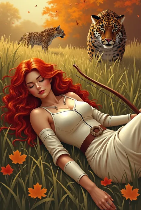 Female ranger beautiful long curly red hair longbow white leather armour sleeping in high grass with jaguat autumn colours art deco style