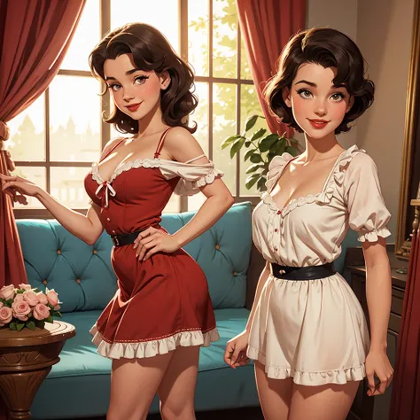 american pinup, gil elvgren style, Maison moderne Intérieur,1 fille seule, jeune lolita prepubère, Robe pull côtelée ,frange, Sourire amical , literie en velours rouge, Delicate Illustration, Very Detailed, très poitrine, allongée, Jambe écartée, lever les...