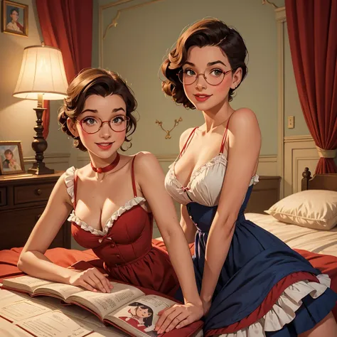 american pinup, gil elvgren style, Maison moderne Intérieur,1 fille seule, jeune lolita prepubère, Robe pull côtelée ,frange, Sourire amical , literie en velours rouge, Delicate Illustration, Very Detailed, très poitrine, allongée, Jambe écartée, lever les...