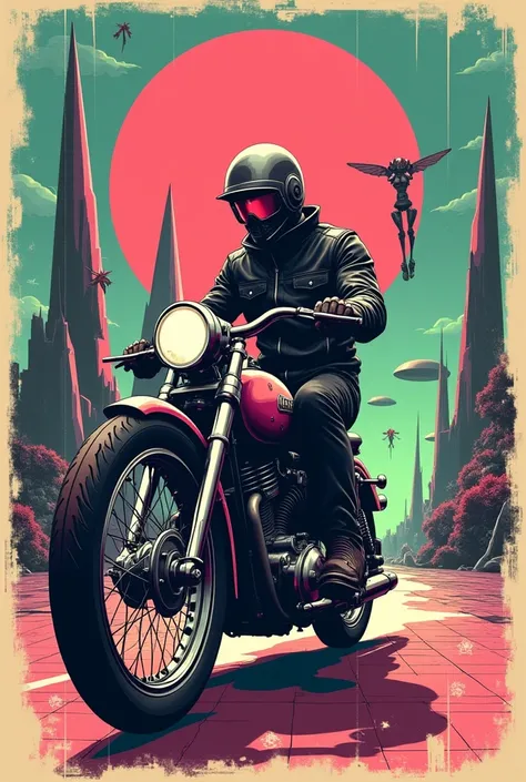 "A retro 1940s shopper motorcycle t-shirt design with rider riding in a futuristic landscape with robots watching the action. The design uses neon colors like pink, green and blue- burgundy, with a grid background and a worn texture."