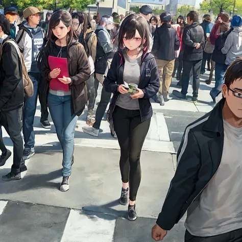  A solitary figure, barely visible, blending into the bustling college campus. The character appears lost in thought, surrounded by the energetic crowd.