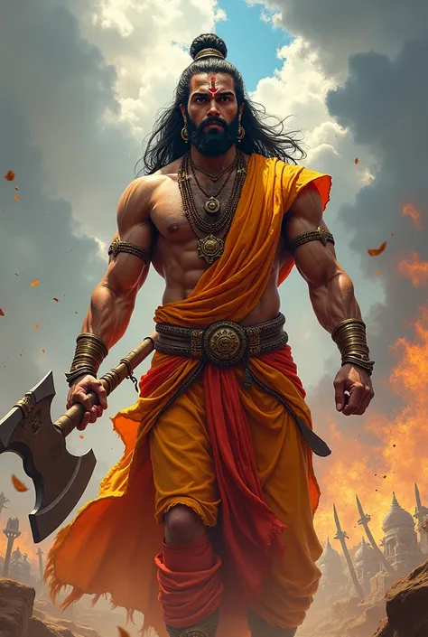 Lord parashuram with ahuge tilak,Janie and saffron outfit anime version
Big axe war mode phone wallpaper