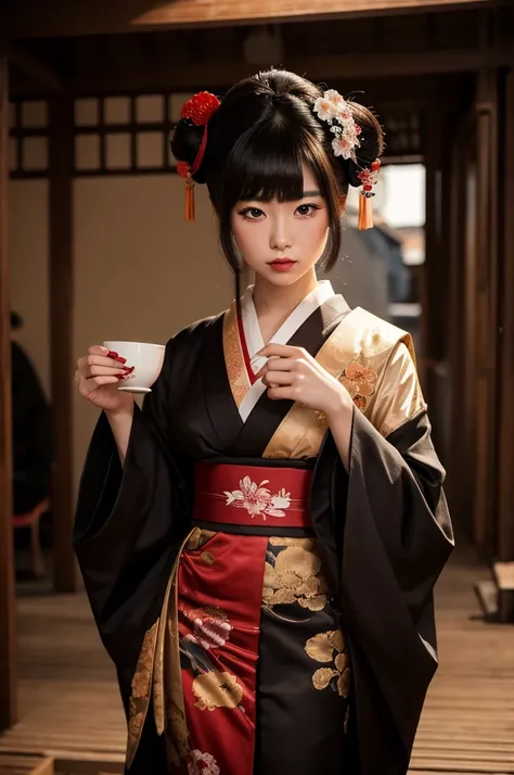 dark geisha, mysterious having a tea
