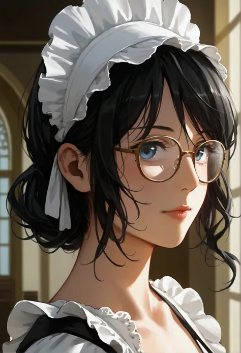 masterpiece, Highest quality, One person, Maid headdress, Black Hair, Glasses, cute, Cowboy Shot