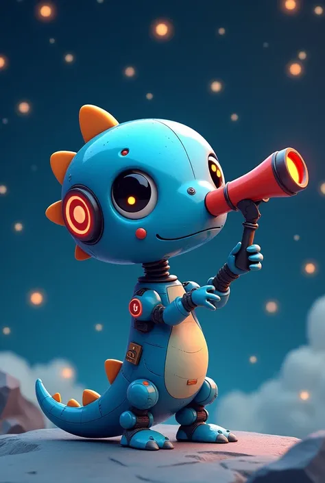 I want a cute blue 3D dinosaur robot looking at the stars through a red and dark blue telescope. the telescope is in the robot&#39;s eye and the telescope has a support and the robot holds it