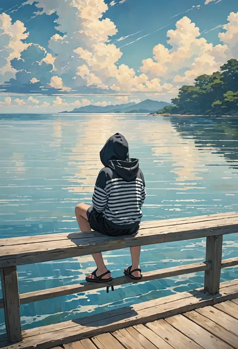 The image depicts a person sitting on a wooden railing at the edge of a body of water, such as an ocean or sea. The person is wearing a striped hoodie with the hood up, black shorts, and sandals. The background shows a calm, expansive water surface and a c...