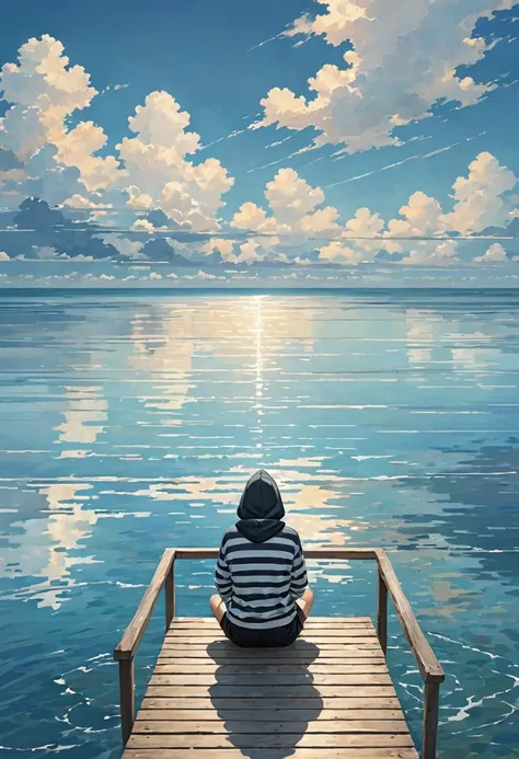 The image depicts a person sitting on a wooden railing at the edge of a body of water, such as an ocean or sea. The person is wearing a striped hoodie with the hood up, black shorts, and sandals. The background shows a calm, expansive water surface and a c...