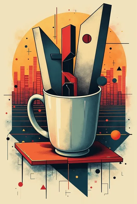 Design a mug based on the cubism artistic movement. Let the background be an equalizer and also respect the cubism trend . And let it be a drawing.