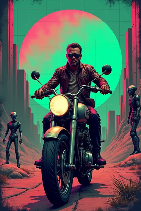 "A retro 1920s shopper motorcycle t-shirt design with rider riding in a futuristic landscape with robots watching the action. The design uses neon colors like pink, green and blue- burgundy, with a grid background and a worn texture."