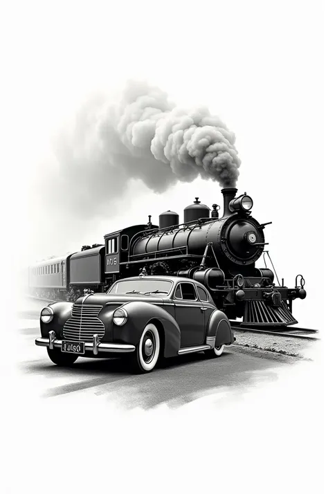 Logo with images of a steam train and a classic car from the 20th century in black and white