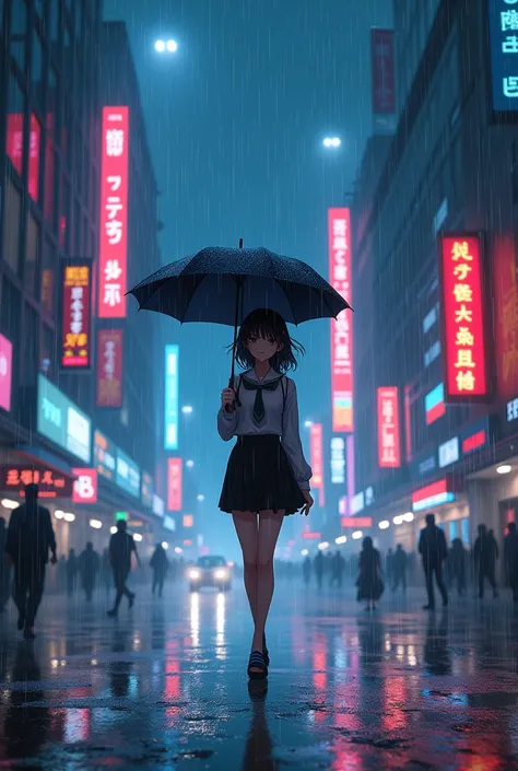 anime rain girl unbrella neon city girl walk to back