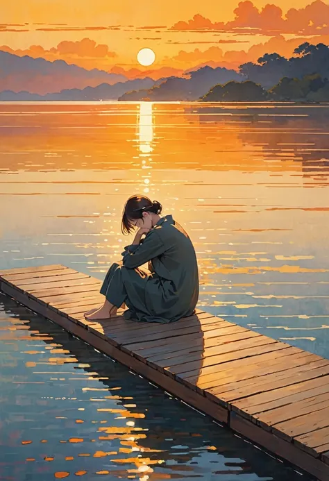 The image depicts a person sitting alone on a wooden dock by a body of water during what appears to be sunset or sunrise. The person is seated with their knees drawn up to their chest and their head resting on their knees, suggesting a contemplative or mel...