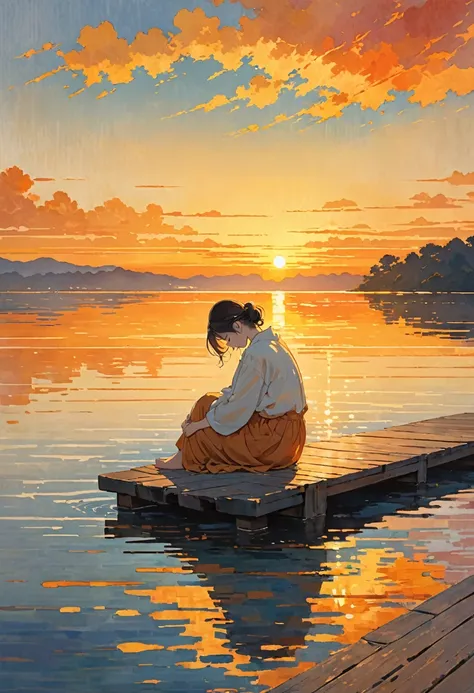 The image depicts a person sitting alone on a wooden dock by a body of water during what appears to be sunset or sunrise. The person is seated with their knees drawn up to their chest and their head resting on their knees, suggesting a contemplative or mel...