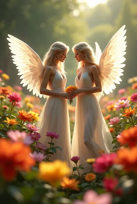 (photorealism:1.2), beautiful Angels, flyer in a big Garden, with much flowers ALL collors.