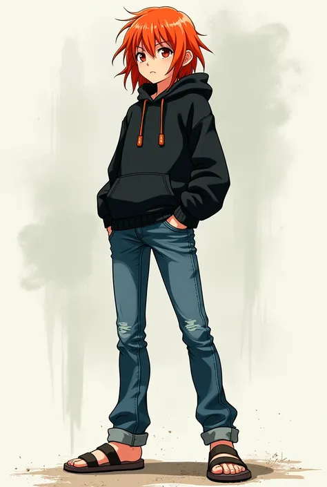 Red hair, black hoodie, jeans, sandals, 190cm tall, anime style