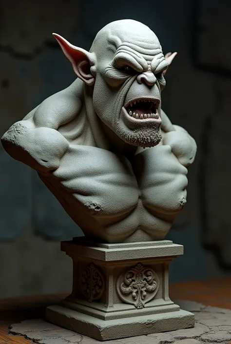 a stone bust sculpture of an orc with a pedestal, detailed facial features, intricate textures, dramatic lighting, gritty realism, chiaroscuro shading, muted earthy tones, cinematic composition, muscular powerful figure, menacing expression, stone carved s...